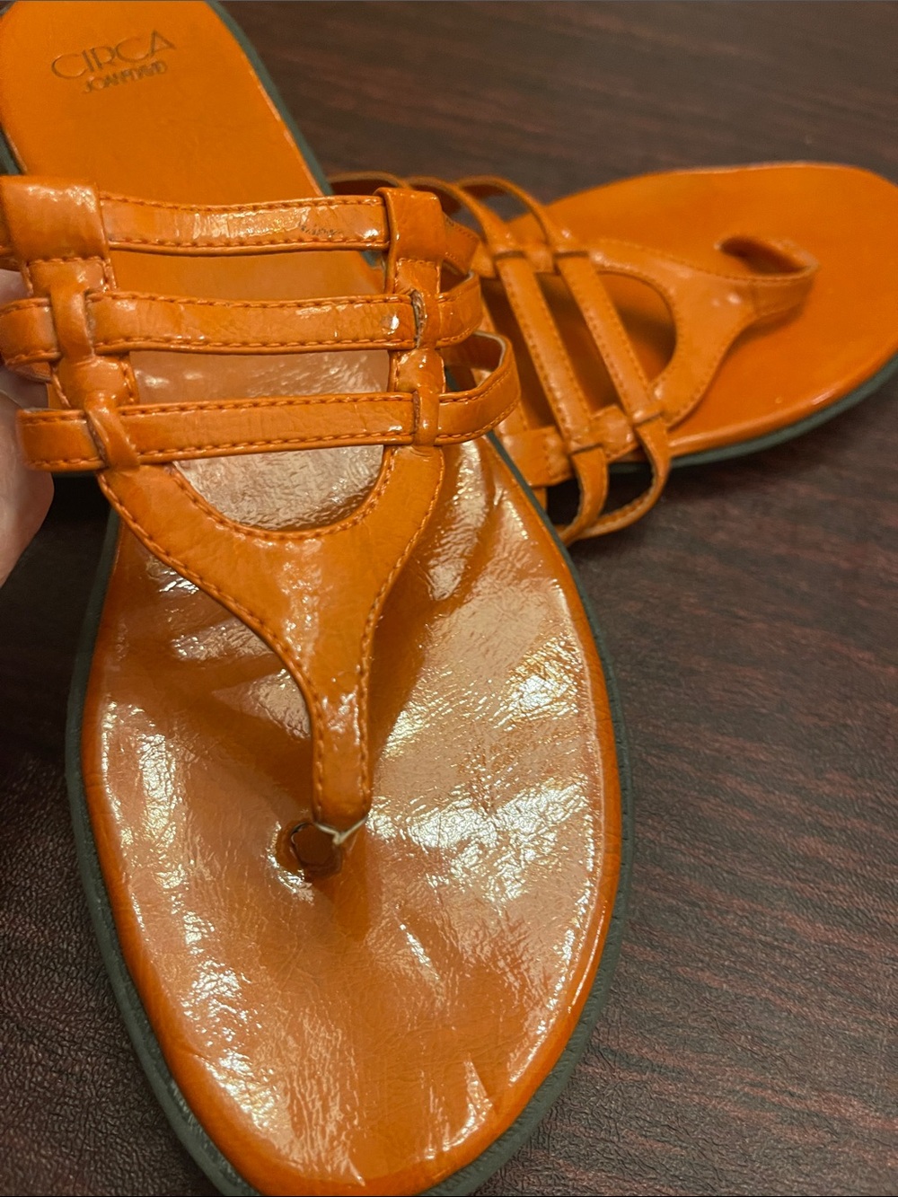 Joan & David Orange Patent Leather Thong Sandals